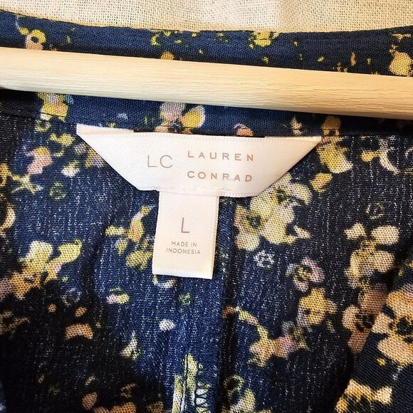 LC Lauren Conrad Blue W/ Yellow Floral High Low Ruffle Boho Tunic Large - Picture 3 of 10